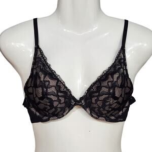 Calvin Klein Perfectly Fit Etched Lace Lightly Lined‎ Plunge Bra 34B Black